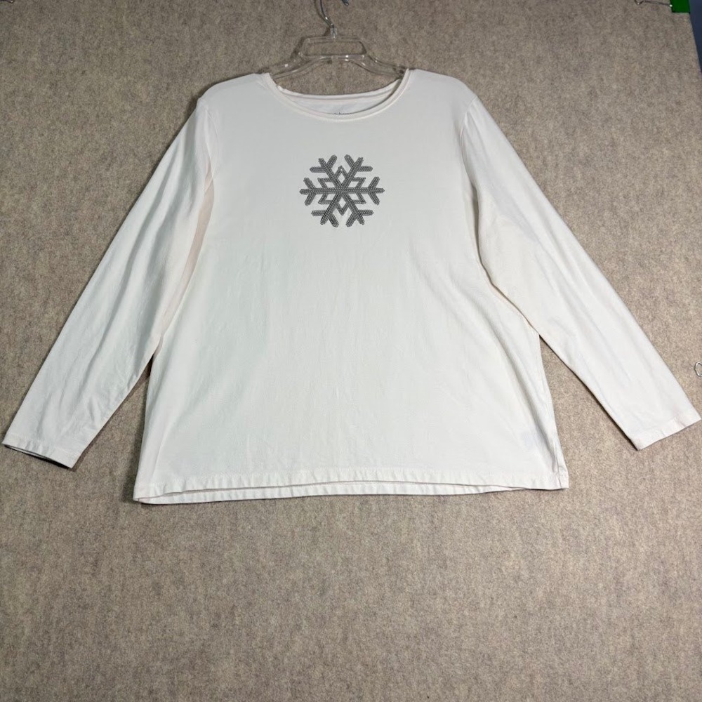 Liz Claiborne Tee Women 1X White Cotton Snowflake Sequin Winter Holiday Y2k